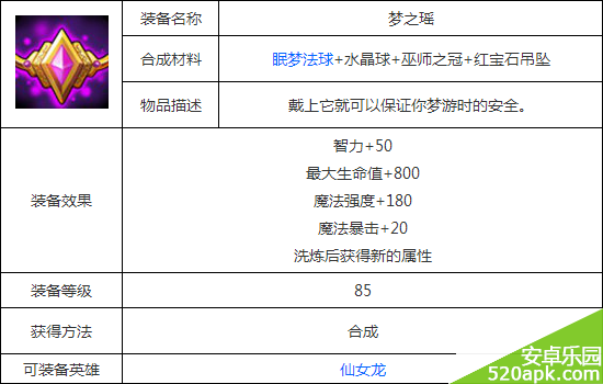 刀塔传奇梦之瑶装备属性图鉴